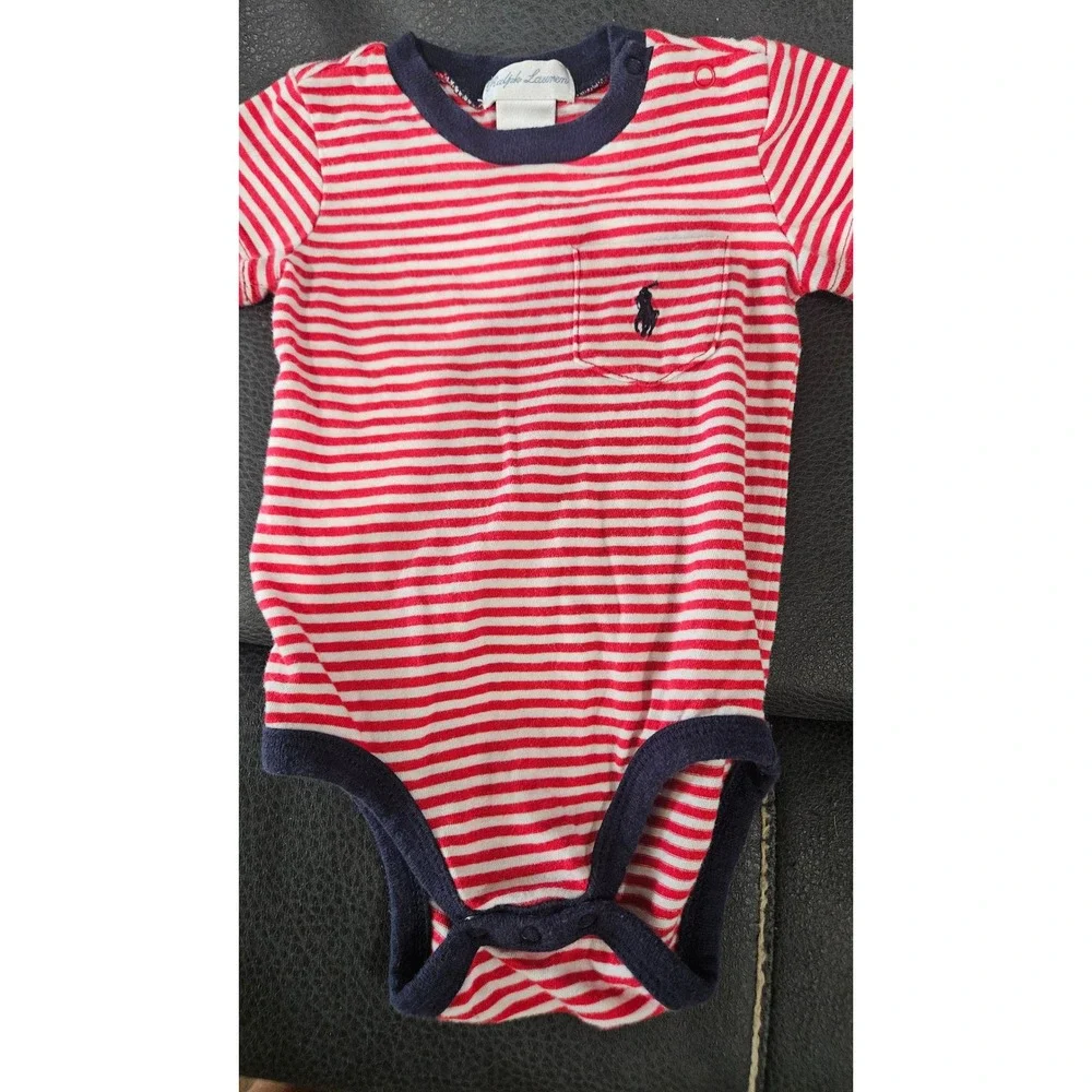 USA Ralph Lauren Baby Boy Red White Striped Short Sleeve pocket Bodysuit 3M